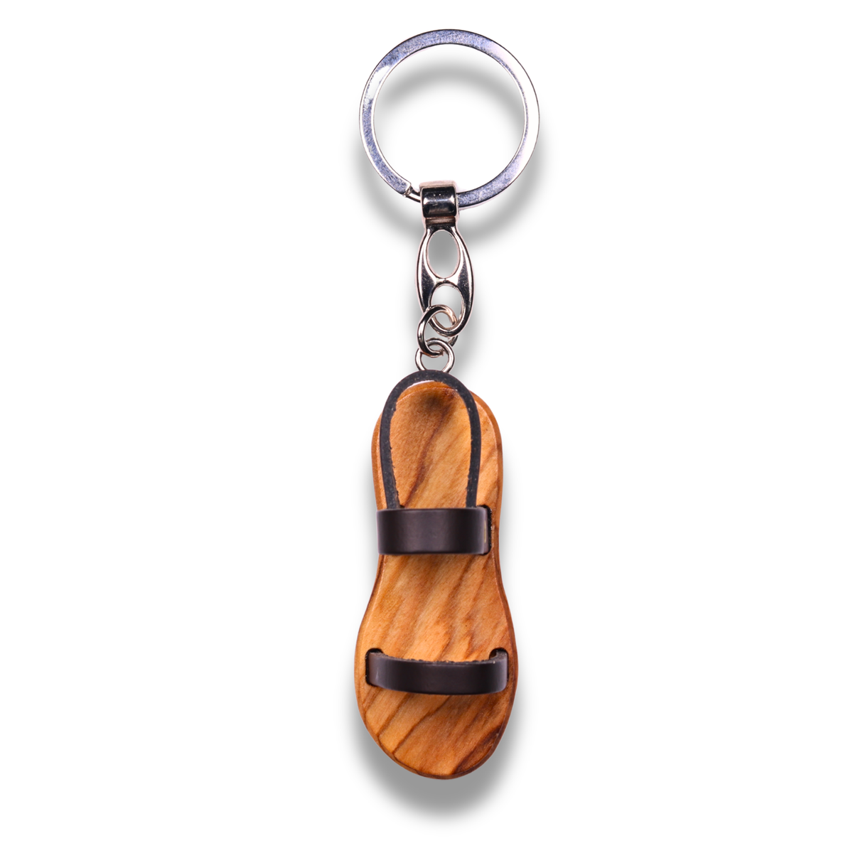 Wooden sandal keychain with a metal ring on a white background