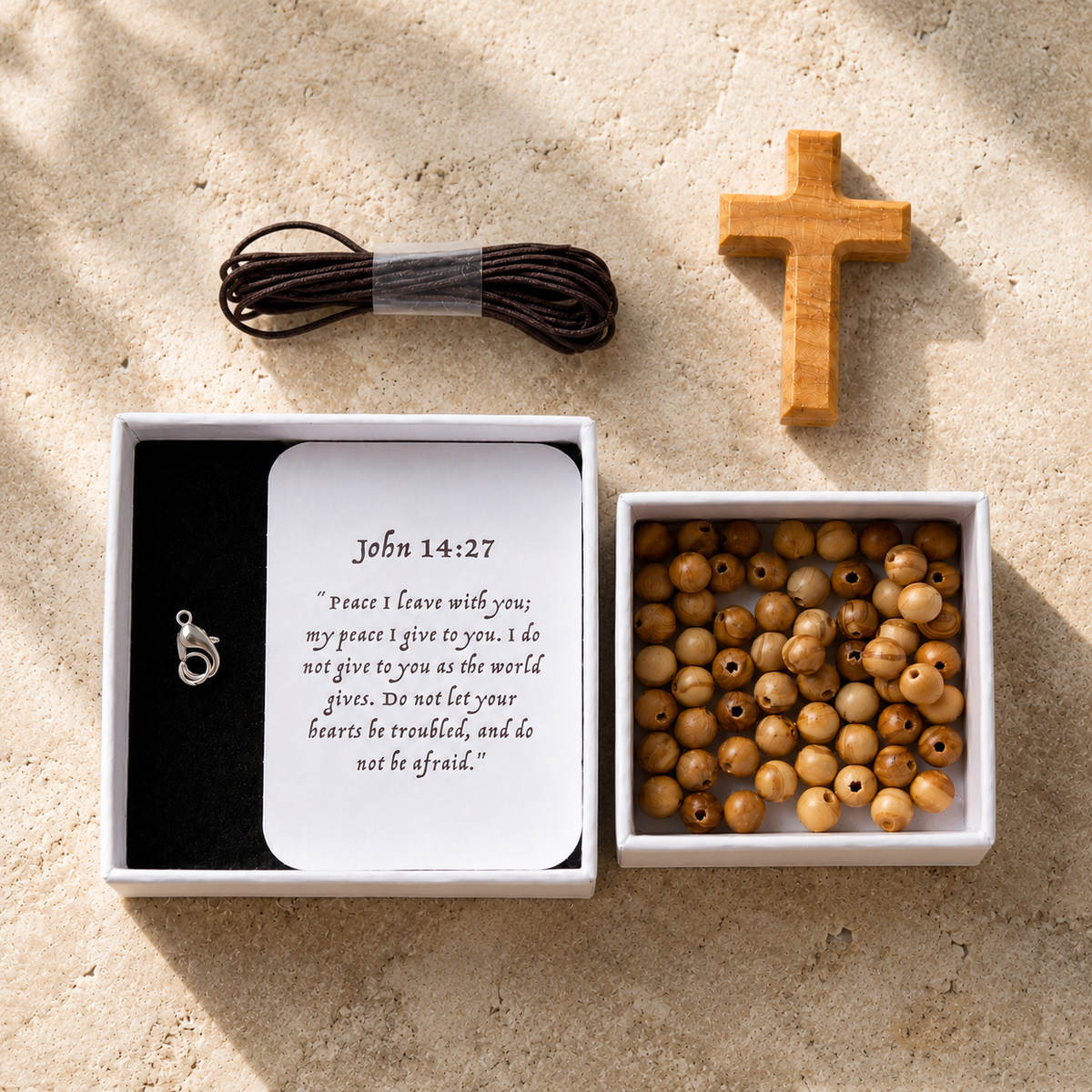 Olive wood rosary making kit with loose beads, cord, clasp, wooden cross and card