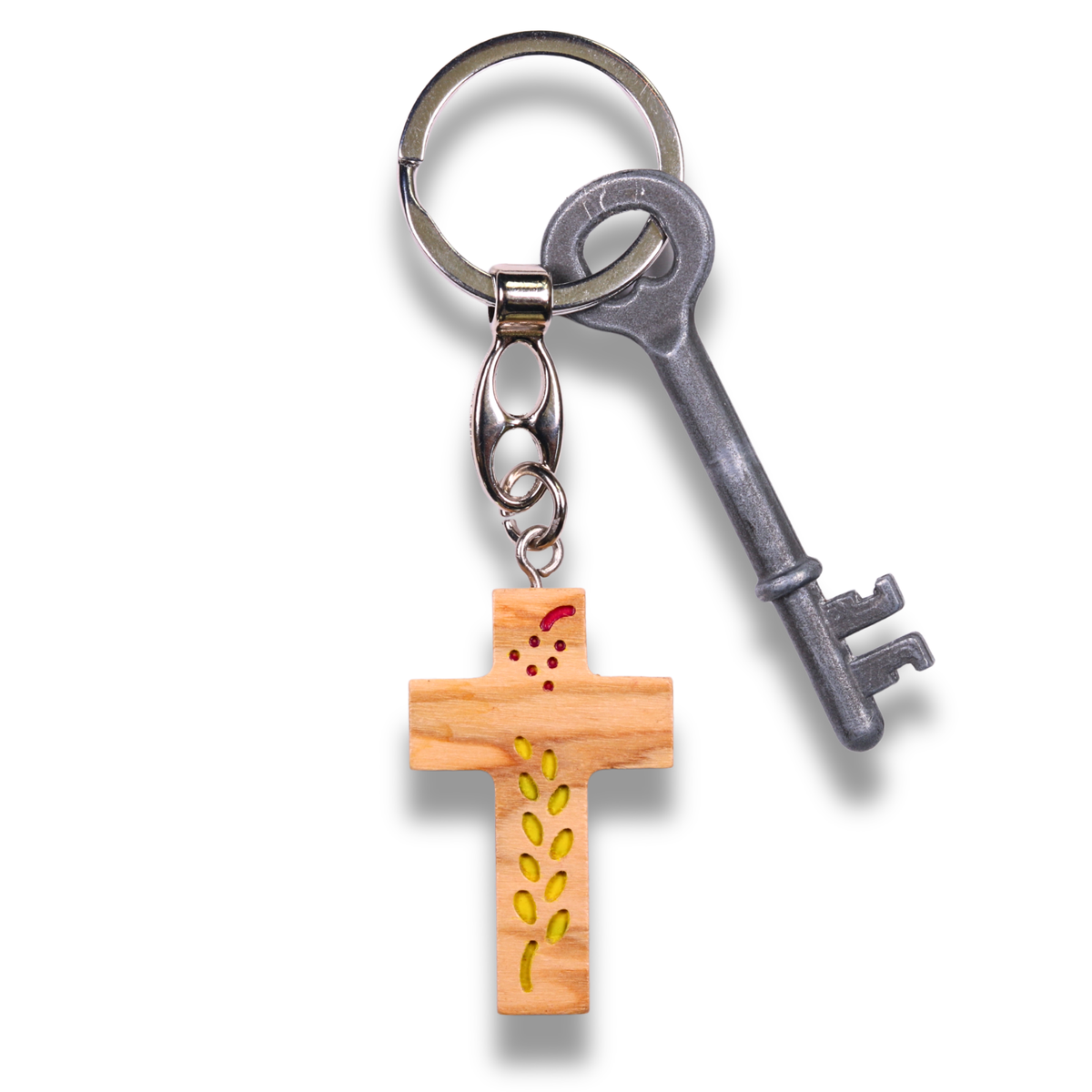 Prosperity Cross Olive Wood Keychain With Key