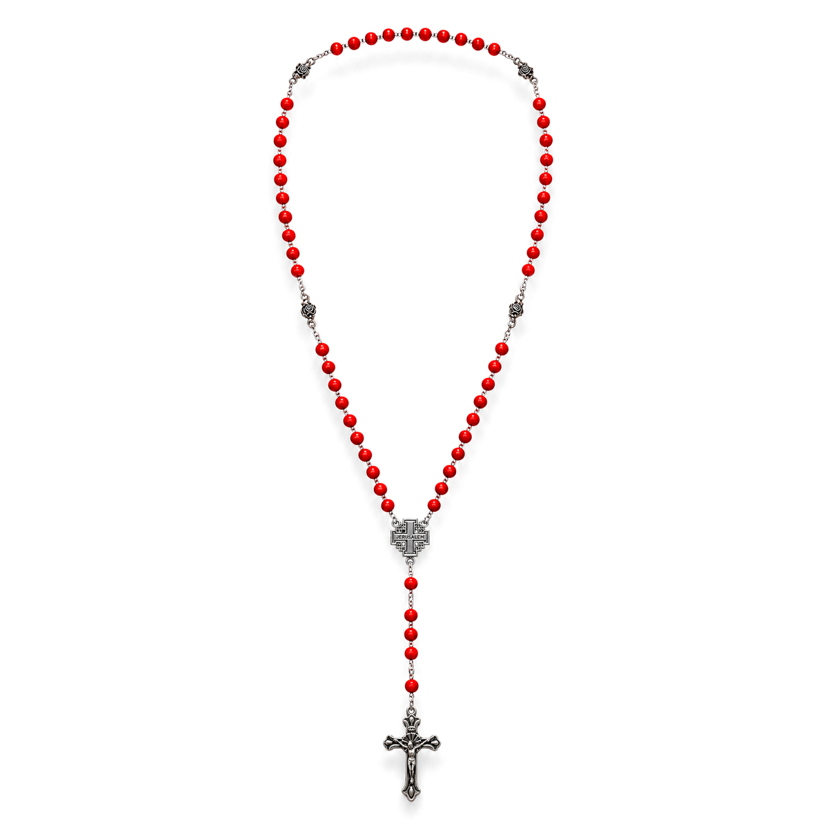 Full red bead rosary with rose connectors, Jerusalem Cross centerpiece and crucifix