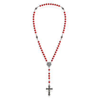 Full red bead rosary with rose connectors, Jerusalem Cross centerpiece and crucifix