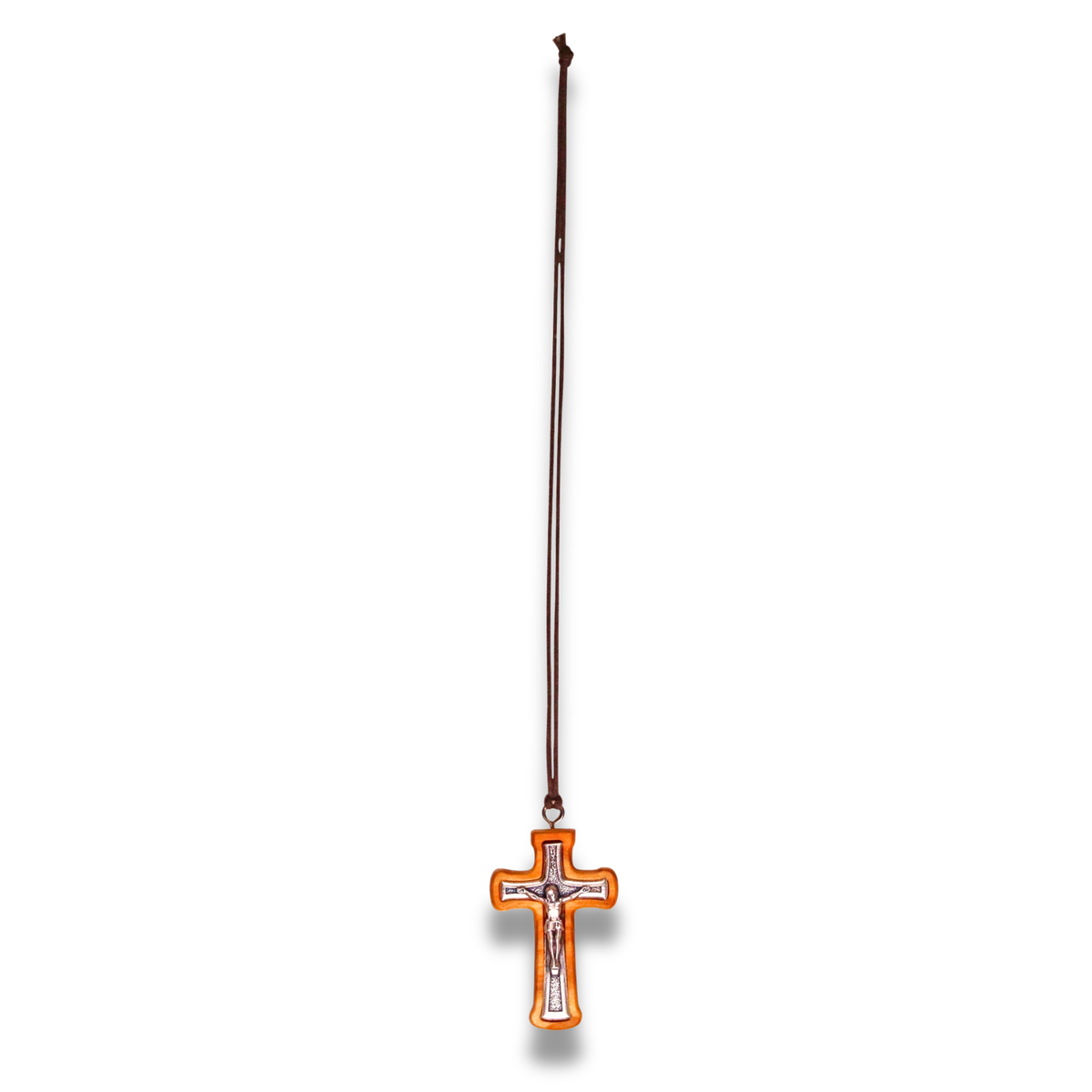 Handcrafted Radiant Olive Wood Crucifix Necklace Full Length