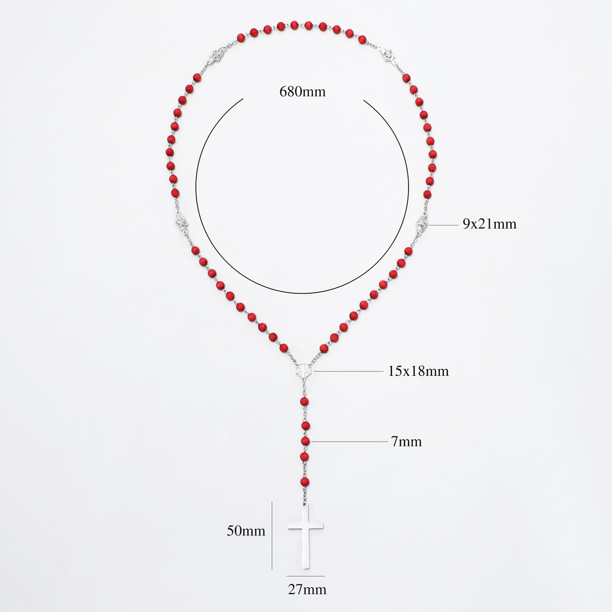 Full engraved red bead rosary with measurement labels