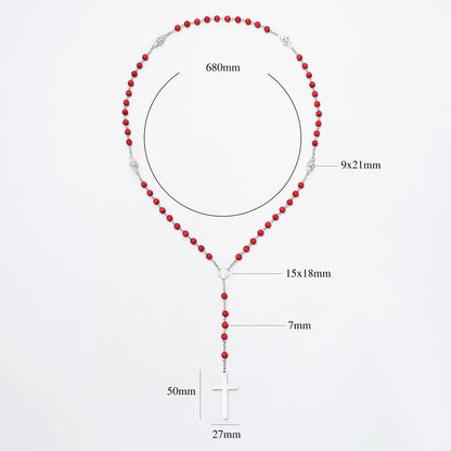 Full engraved red bead rosary with measurement labels