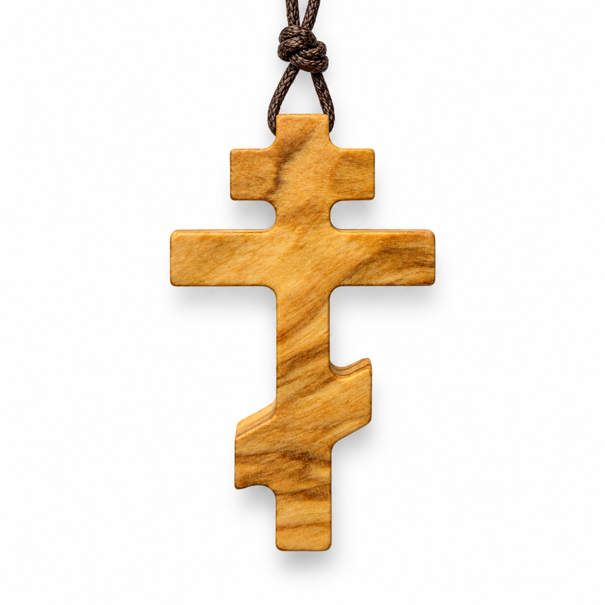 Large Russian Orthodox olive wood cross necklace on a brown cotton cord, front view