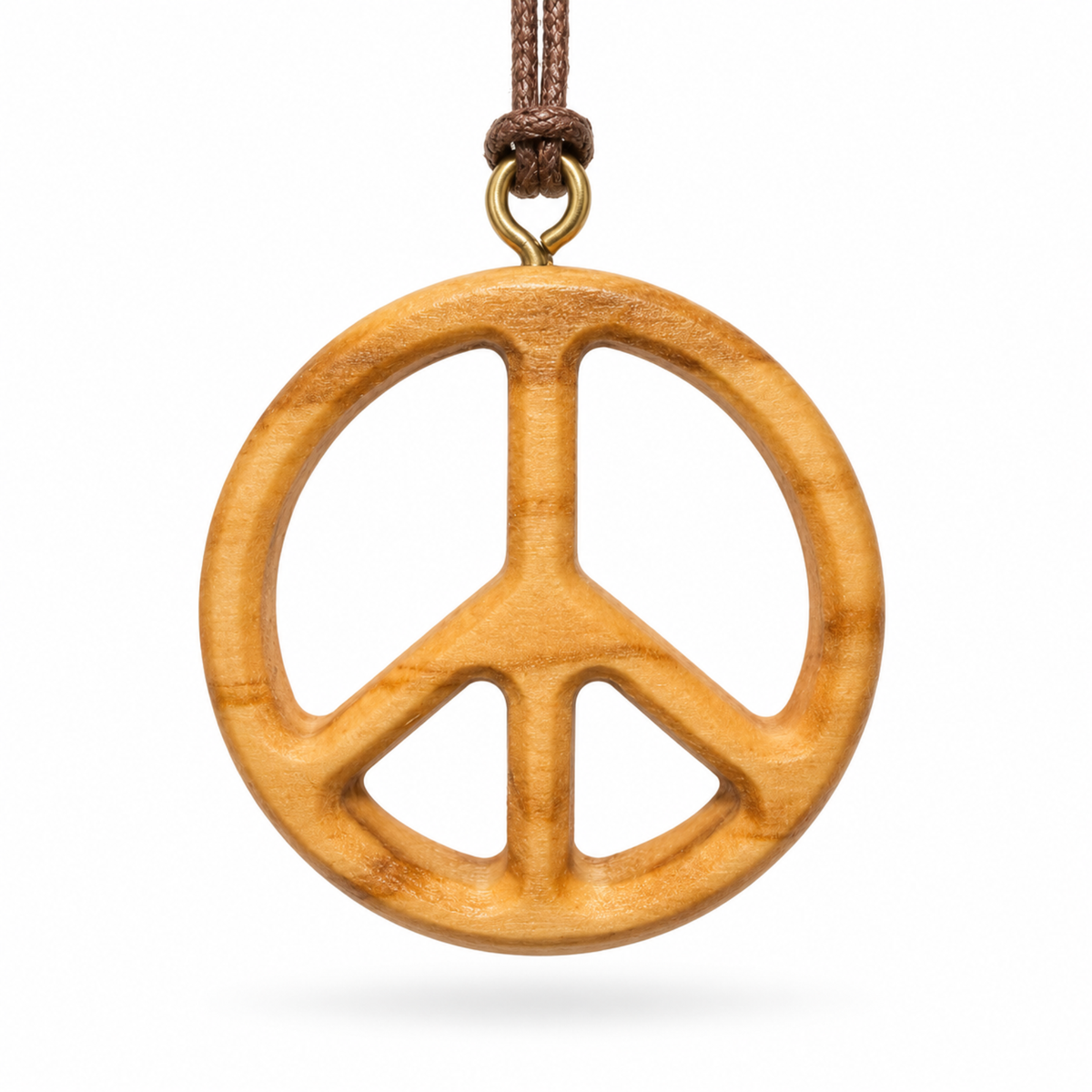 A wooden peace sign pendant necklace made from natural olive wood with a brown cord and brass ring, shown on a white background.