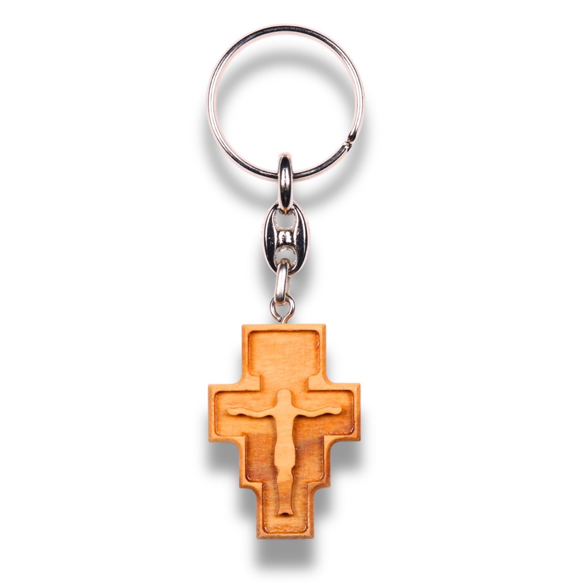 San Damiano Olive Wood Cross Keychain