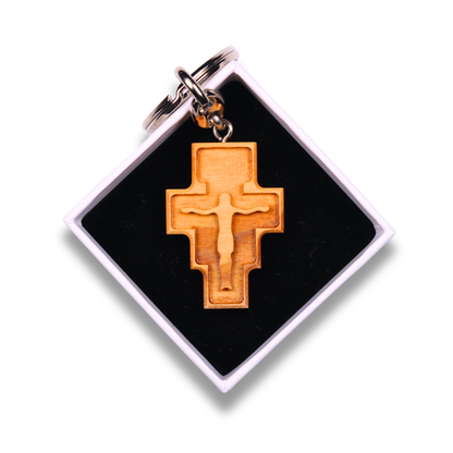 San Damiano Olive Wood Cross Keychain In Gift Box