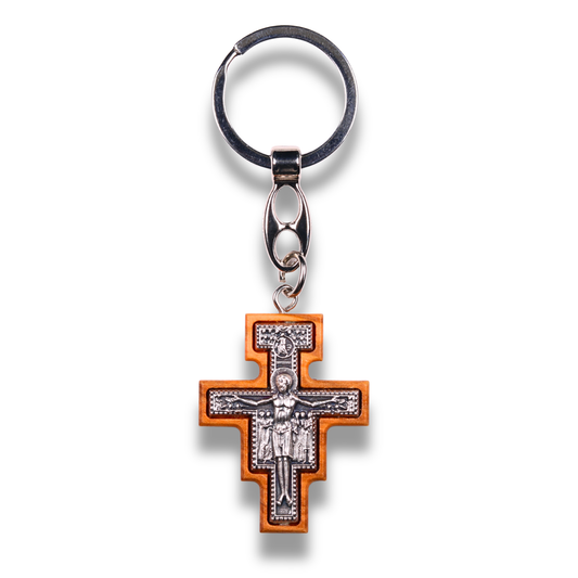 San Damiano Olive Wood Crucifix Keychain