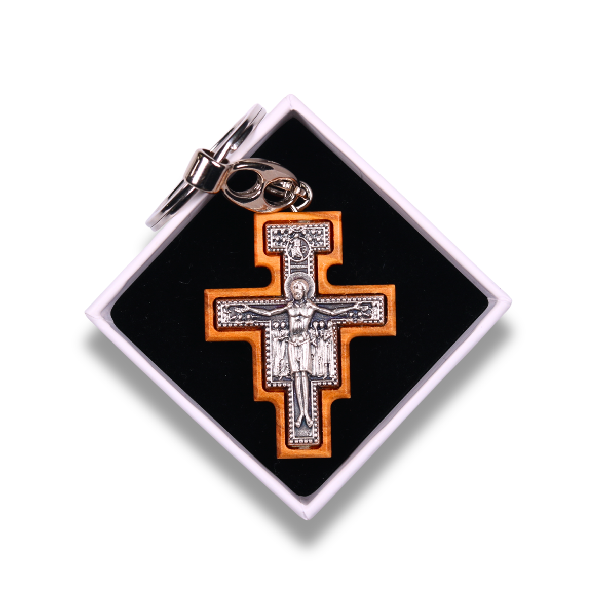 San Damiano Olive Wood Crucifix Keychain In Gift Box