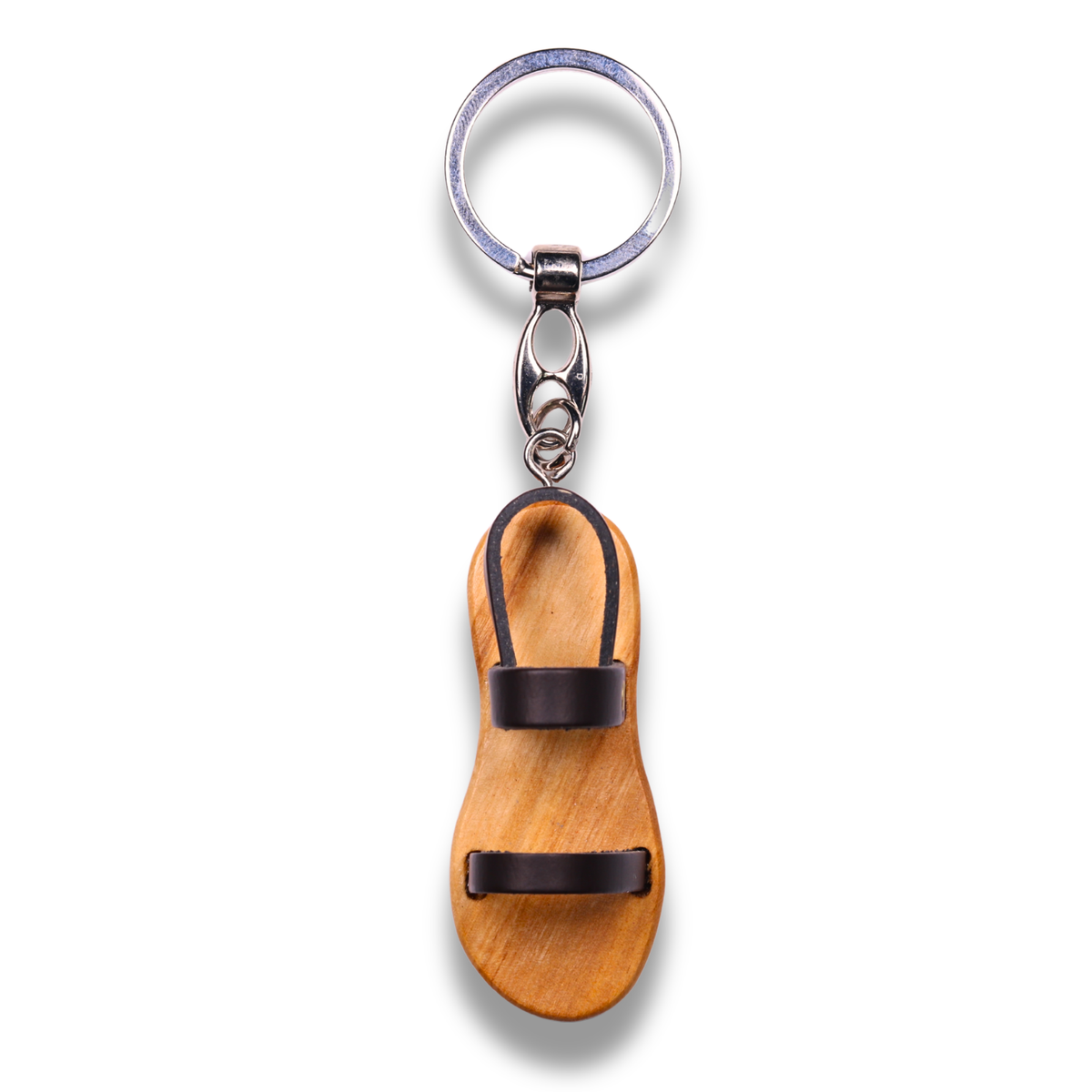 Wooden sandal keychain with a metal ring on a white background