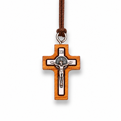 Stillness Olive Wood Crucifix Necklace on a white background