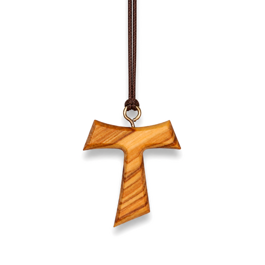 Tau Origin Olive Wood Cross Necklace on a white background