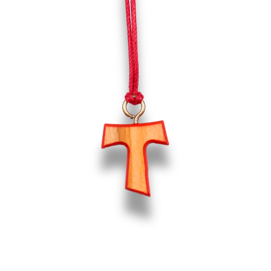 Tau of Love Olive Wood Cross Necklace on a white background