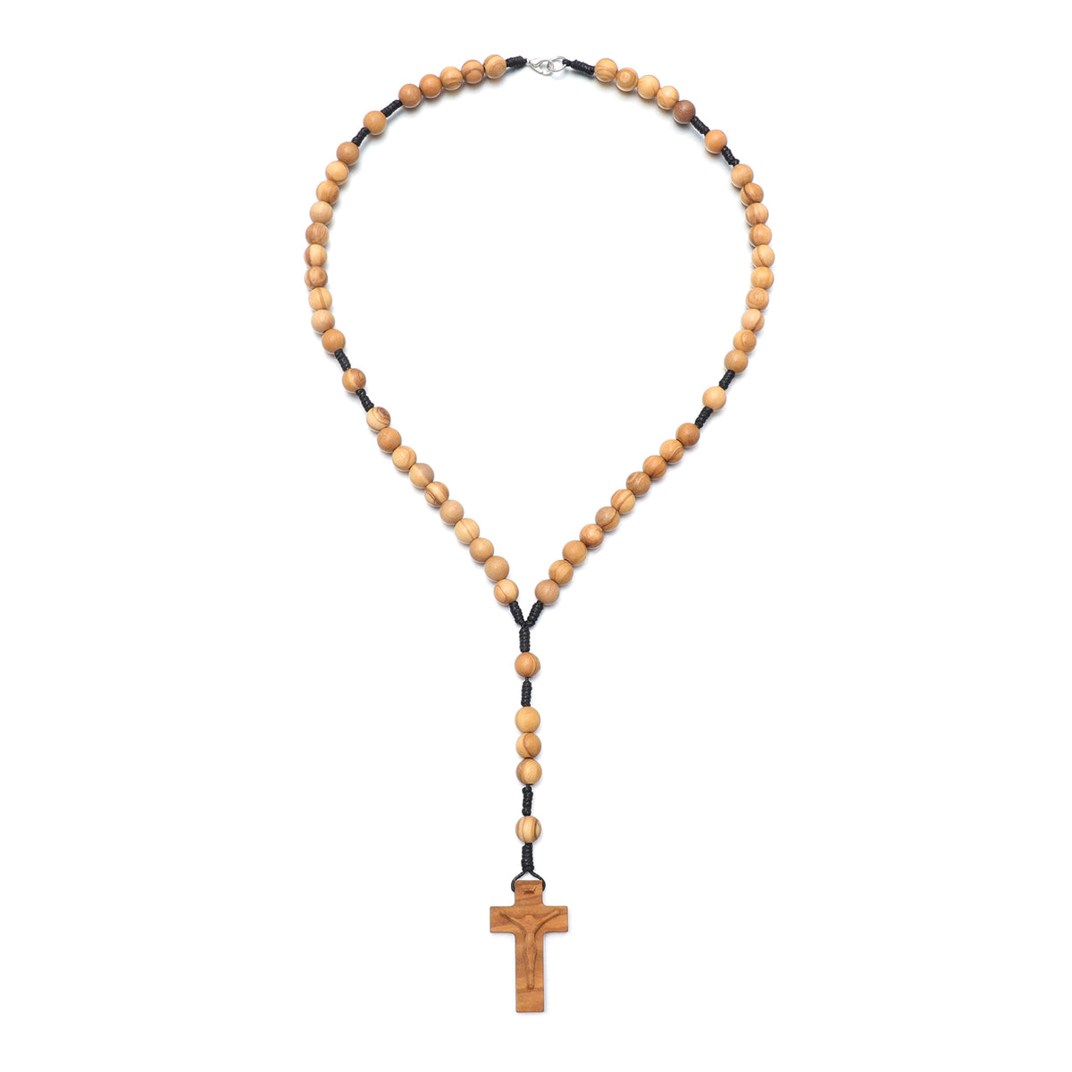 Full olive wood five-decade rosary necklace with carved crucifix and clasp