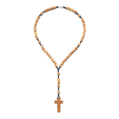 Full olive wood five-decade rosary necklace with carved crucifix and clasp