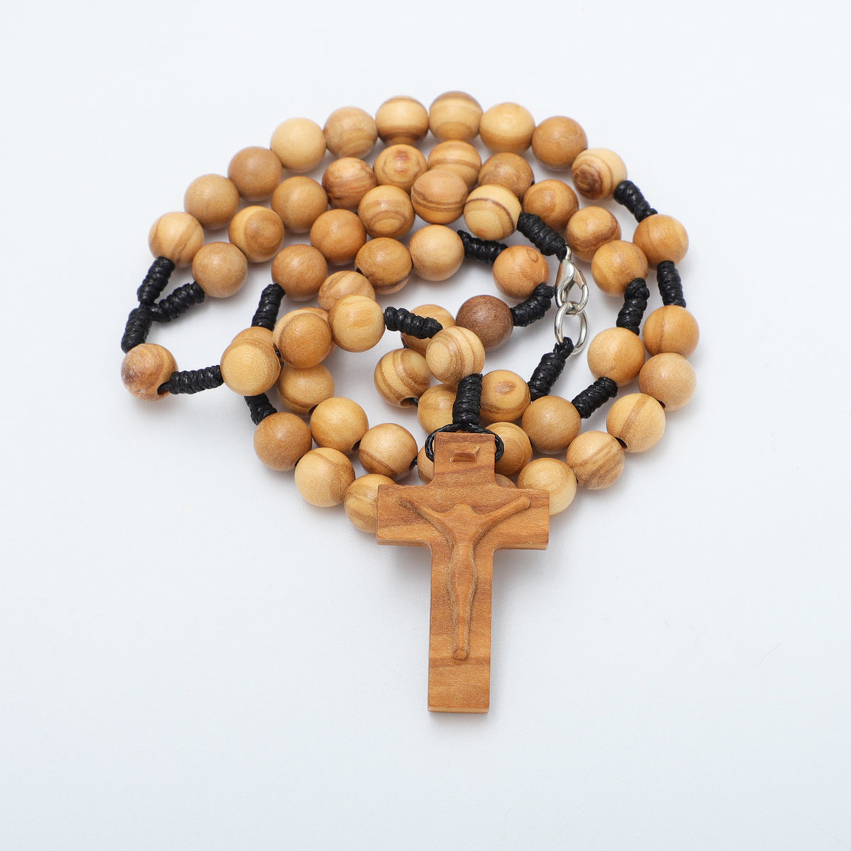 Coiled olive wood rosary necklace with 8mm round beads, carved crucifix and clasp
