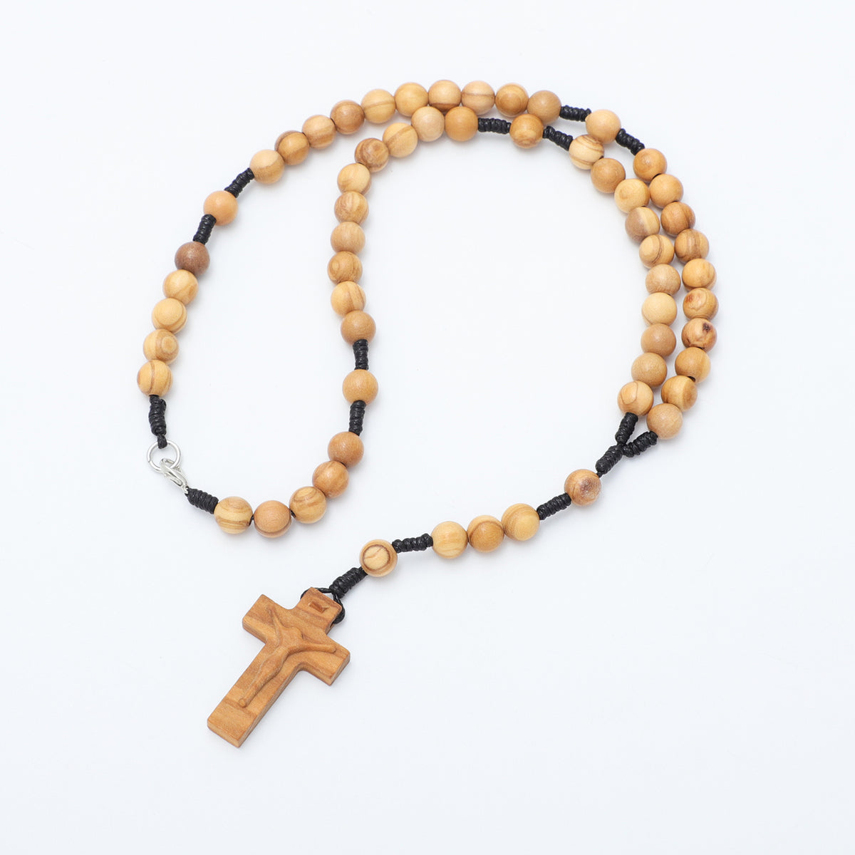 Crucifix olive wood five-decade rosary necklace handcrafted in Nazareth