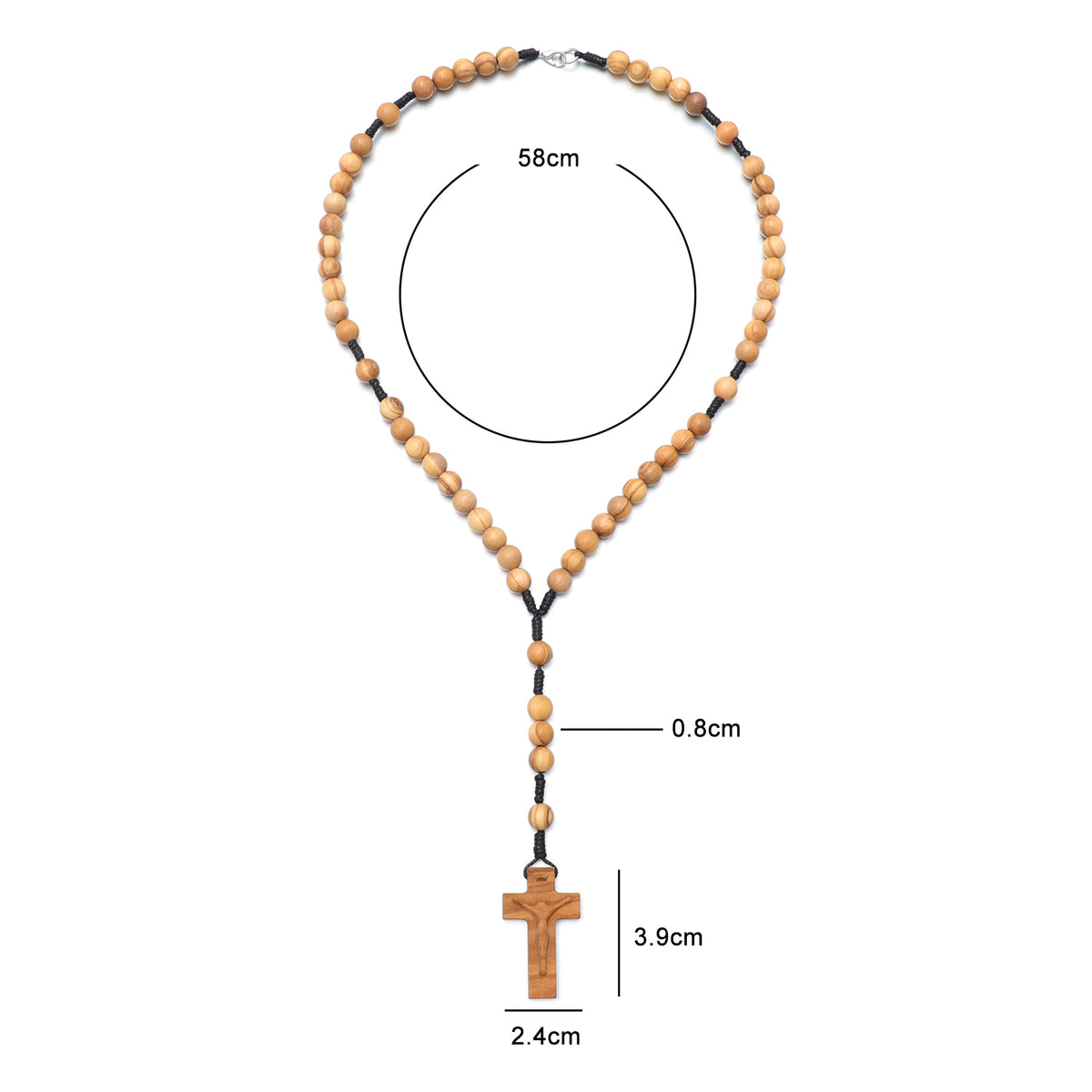 Crucifix olive wood five-decade rosary necklace dimensions