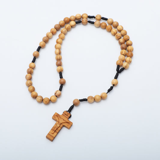 Olive wood five-decade rosary with carved crucifix on black knotted cord