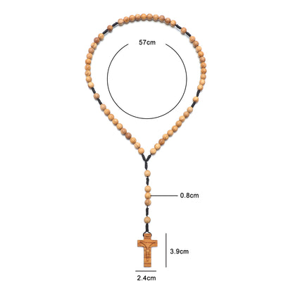 Olive wood rosary with carved crucifix and measurement labels