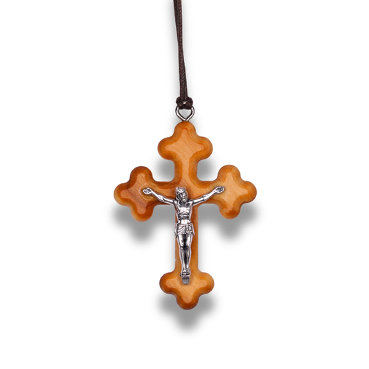 Trias Orthodox Olive Wood Crucifix Necklace on a white background