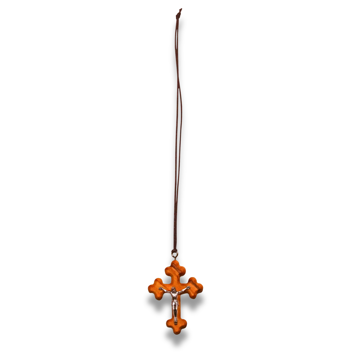 Trias Orthodox Olive Wood Crucifix Necklace shown full length