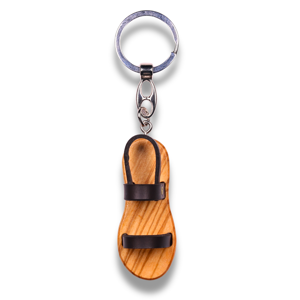 Wooden sandal keychain with leather strap on a white background
