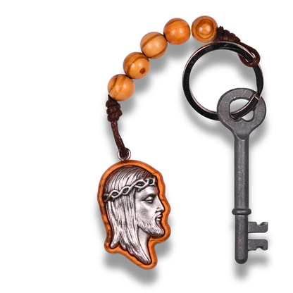 Visage Of Jesus Beaded Olive Wood Keychain With Key