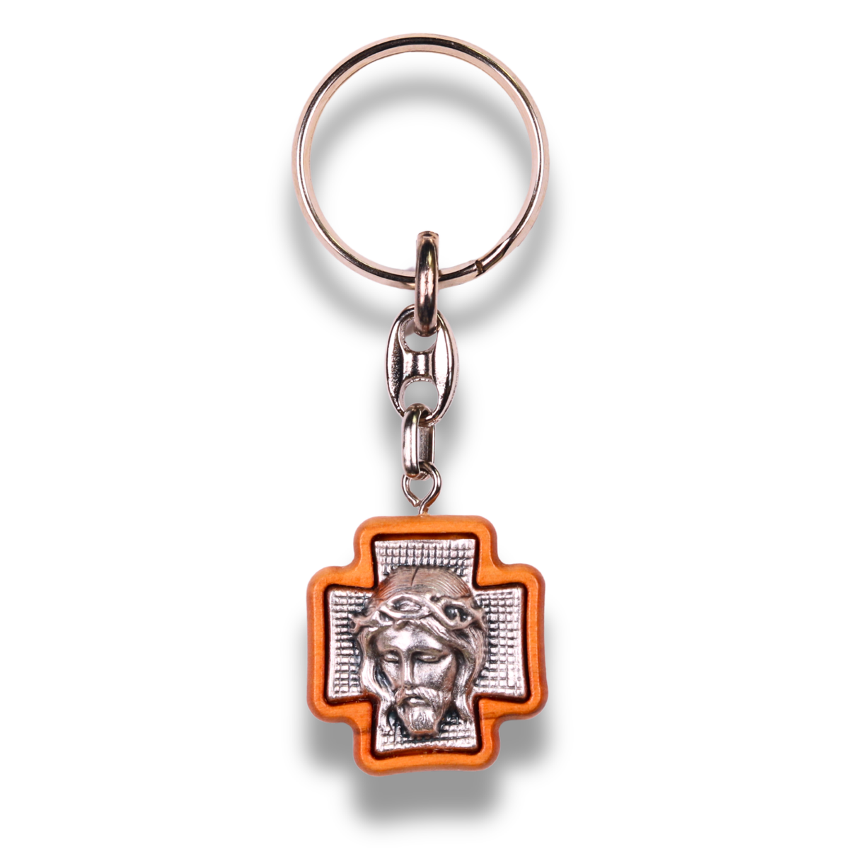 Visage Of Jesus Olive Wood Cross Keychain