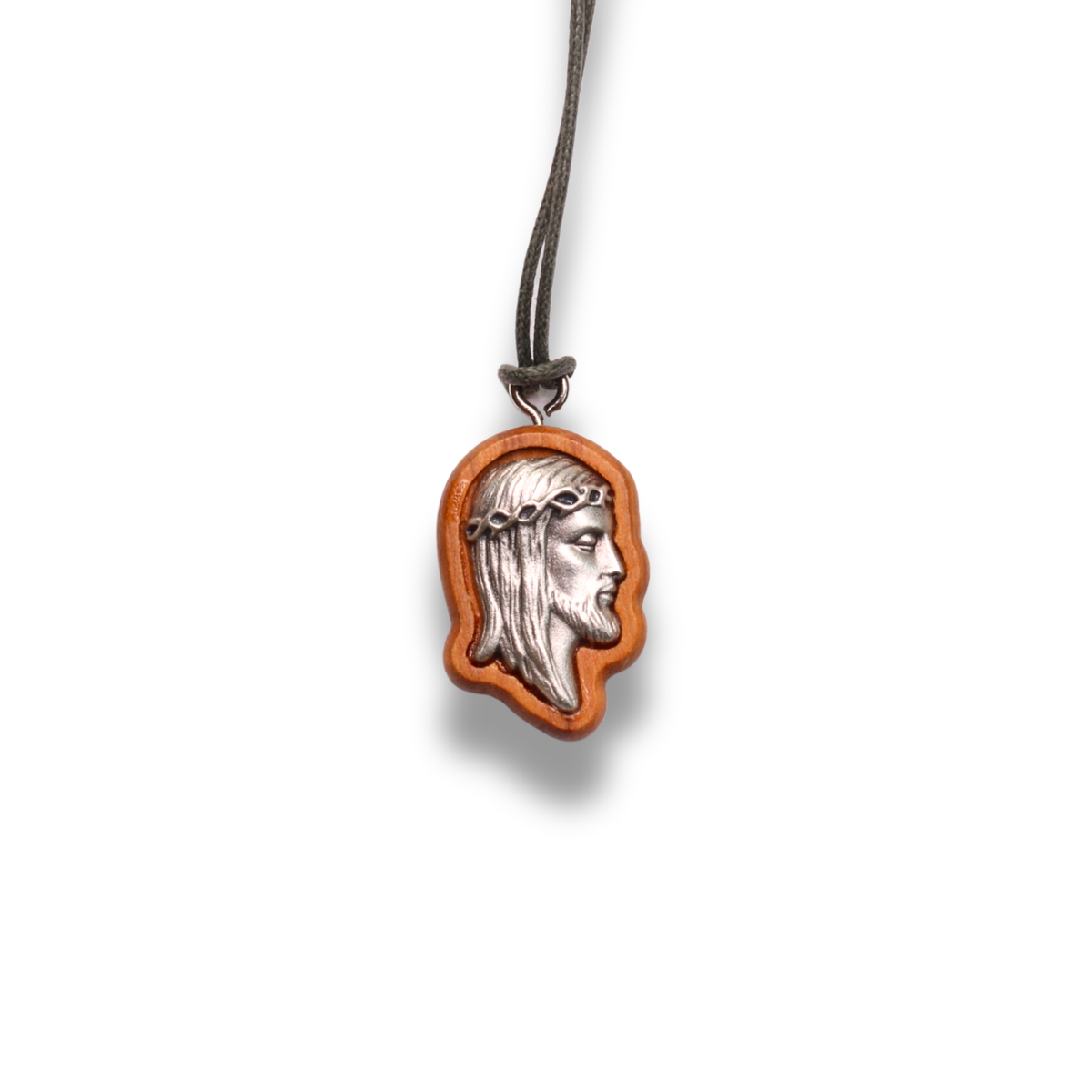 Visage of Jesus Olive Wood Necklace on a white background