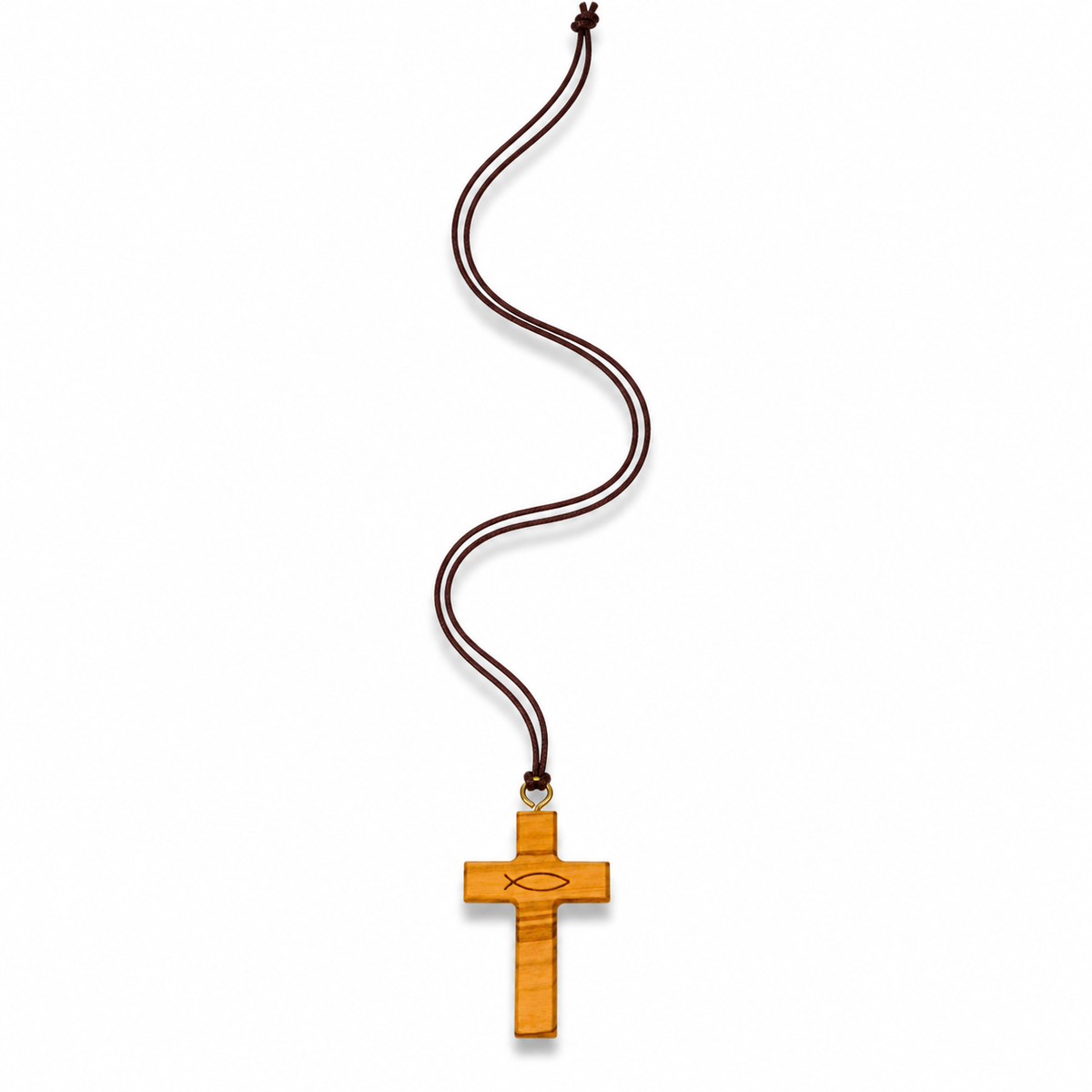 Ichthus Olive Wood Cross Necklace shown full length
