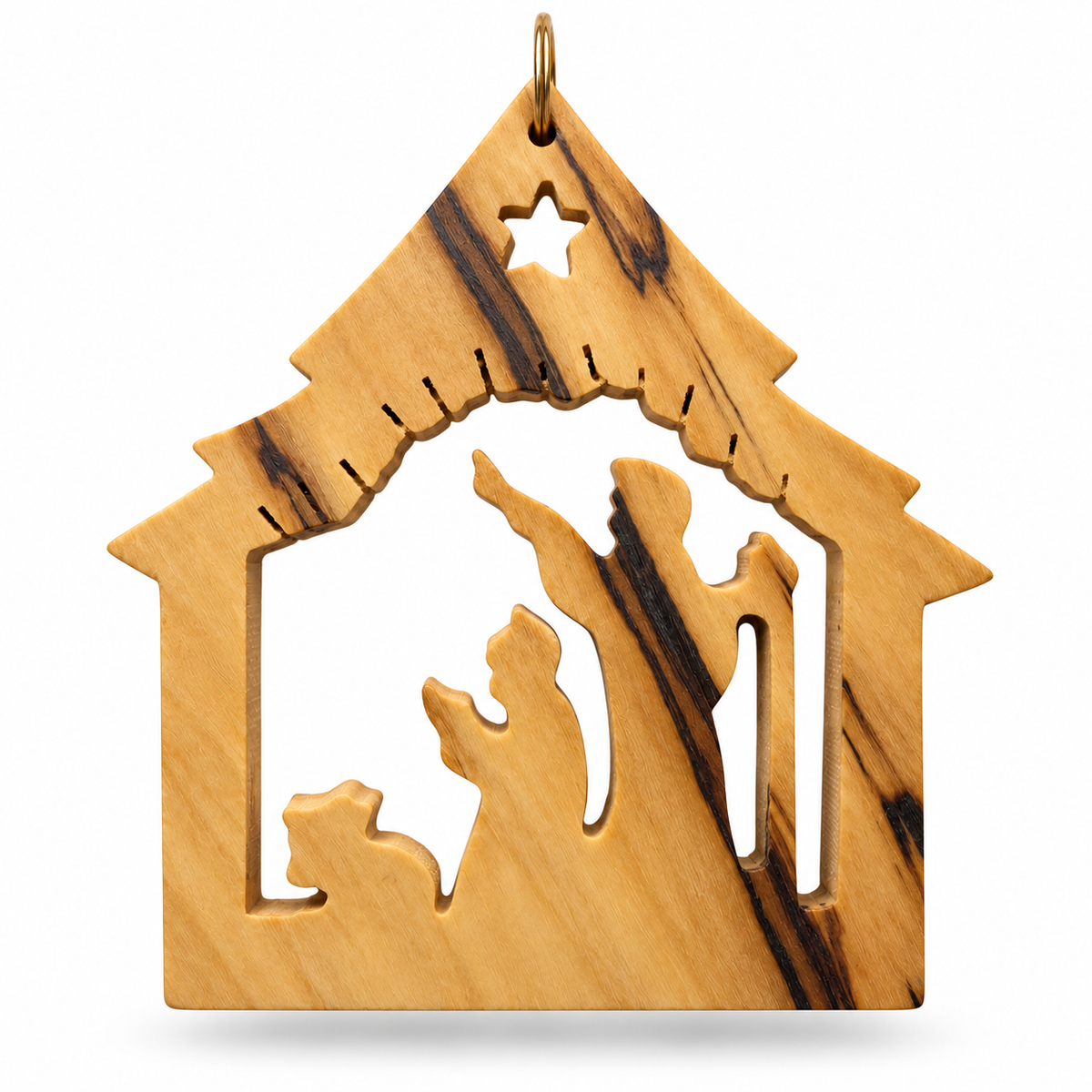 A handcrafted olive wood nativity ornament shaped like a stable, featuring cutout figures of the Holy Family and a star at the top, suspended from a small metal ring.