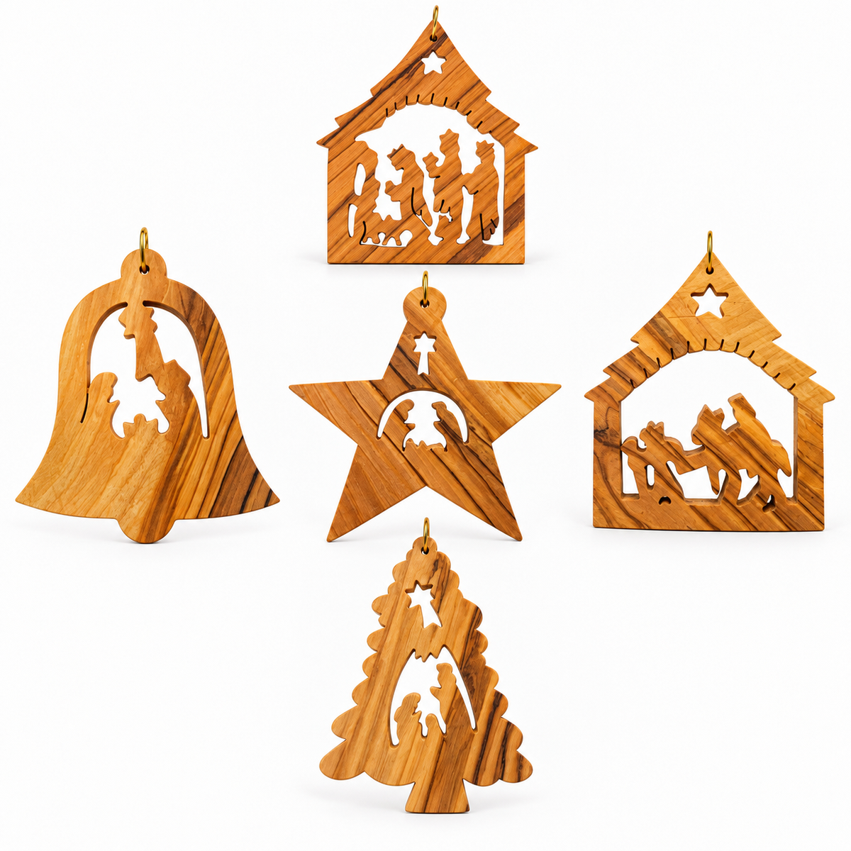 Five olive wood Christmas ornaments on white: a central star surrounded by a bell, tree, Bethlehem stable and Wise Men design.