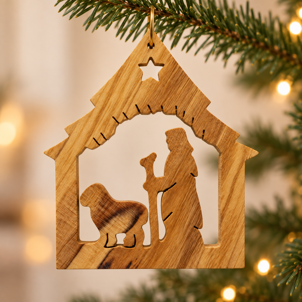 A wooden nativity ornament shaped like a stable, hanging from a pine branch with warm bokeh lights in the background.