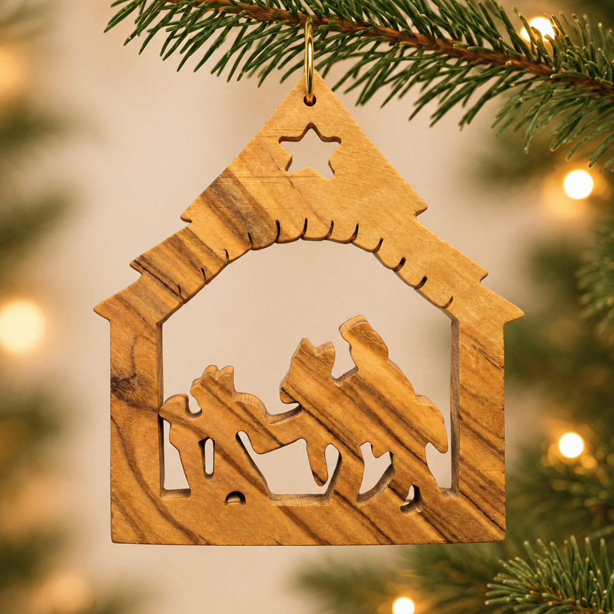 Bethlehem olive wood ornament framing the Holy Family beneath a star and stable roof, hanging against soft Christmas lights.