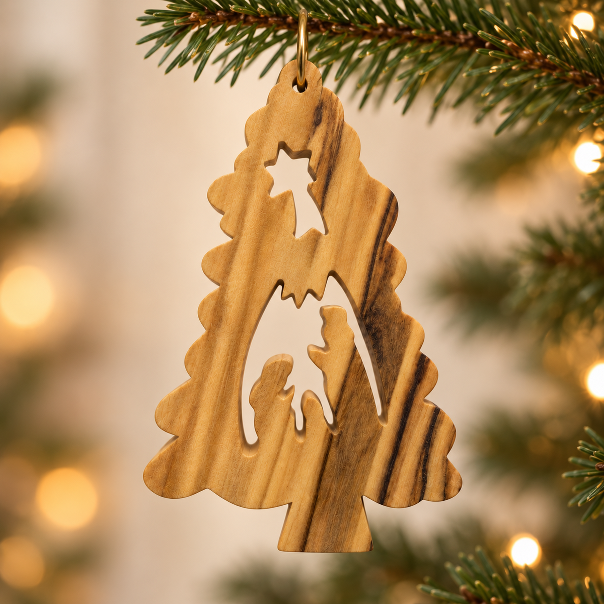 Tree-shaped olive wood nativity ornament with the Holy Family and a guiding star, hanging from a green Christmas tree branch.