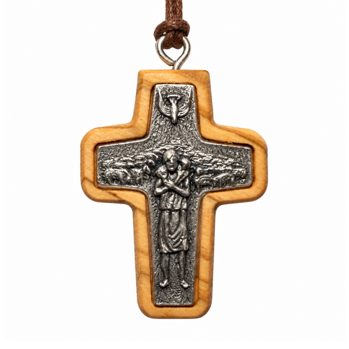 Medium Good Shepherd olive wood cross necklace, 4 × 3 cm, with silver toned relief and brown cord, front view