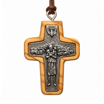 Medium Good Shepherd olive wood cross necklace, 4 × 3 cm, with silver toned relief and brown cord, front view