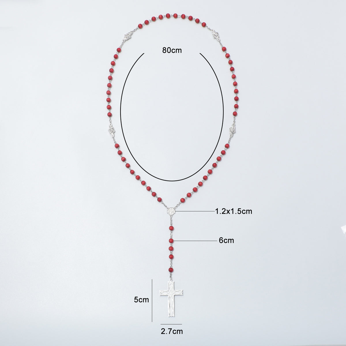 Jerusalem Cross red bead rosary with Ichthus Cross and measurement labels