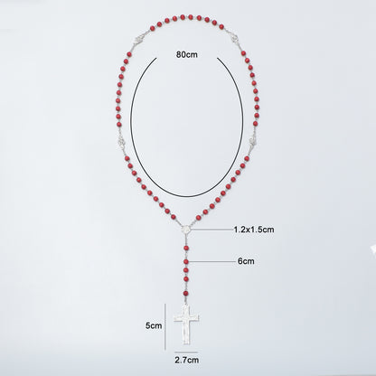 Jerusalem Cross red bead rosary with Ichthus Cross and measurement labels