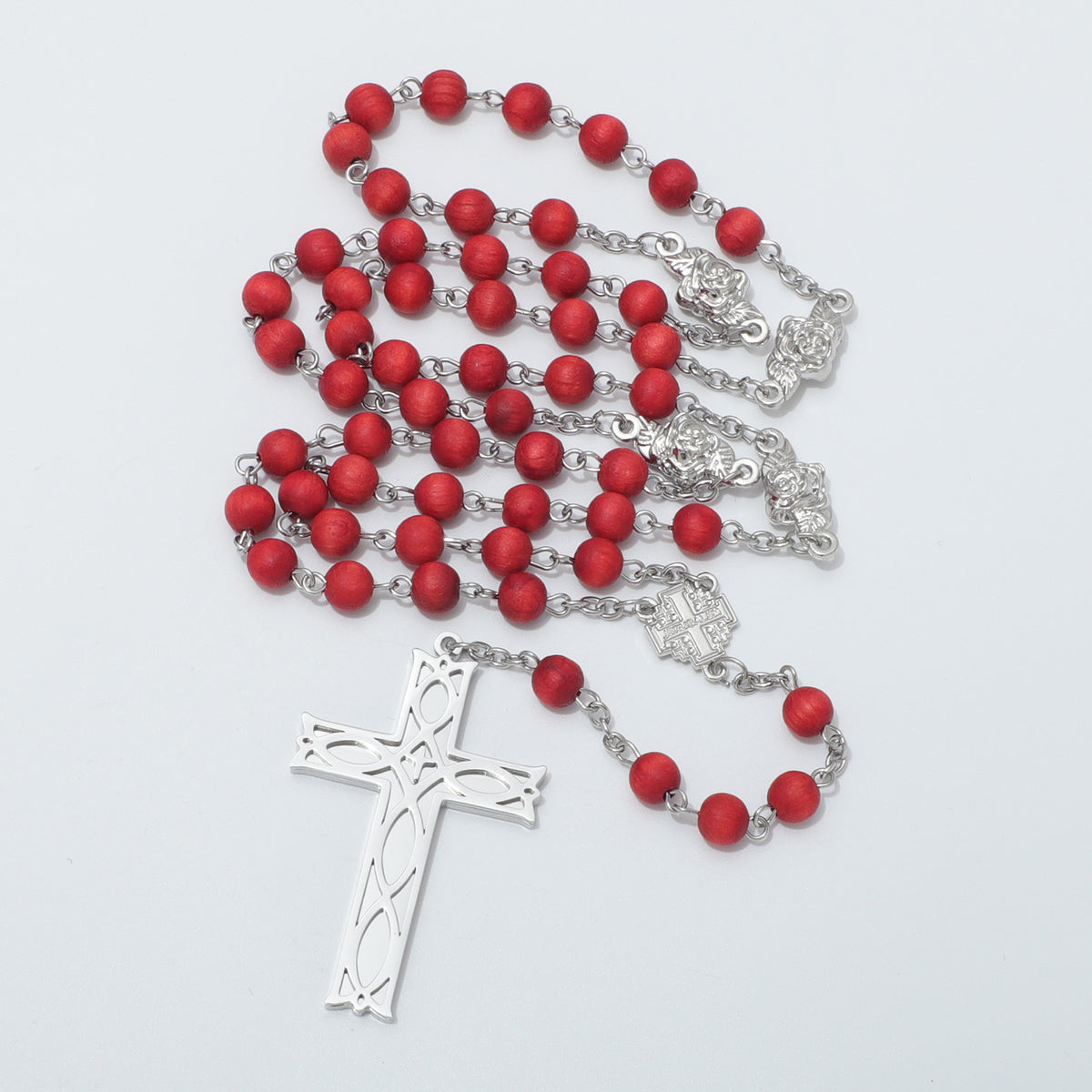 Red bead rosary with Jerusalem Cross centerpiece and openwork Ichthus Cross