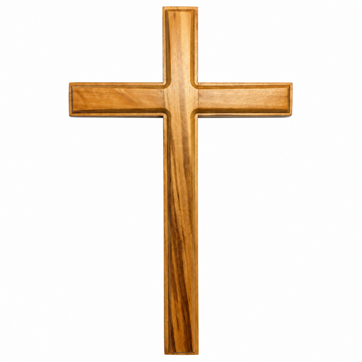 Large minimal olive wood wall cross CR2 with a recessed border and natural wood grain, front view.