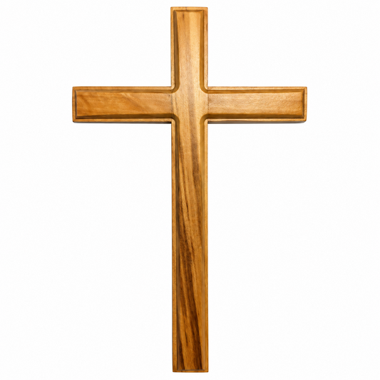 Large minimal olive wood wall cross CR2 with a recessed border and natural wood grain, front view.