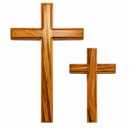 Minimal olive wood wall crosses side by side, large CR2 on the left and small CR10 on the right, showing the size difference.