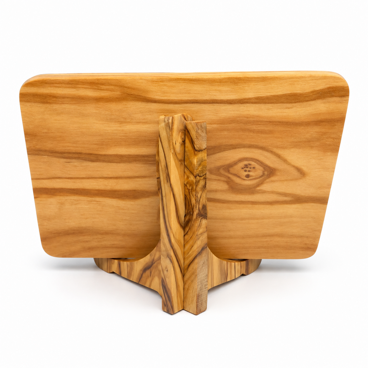 Back view of the olive wood scripture plaque with a central wooden stand and distinctive grain patterns.