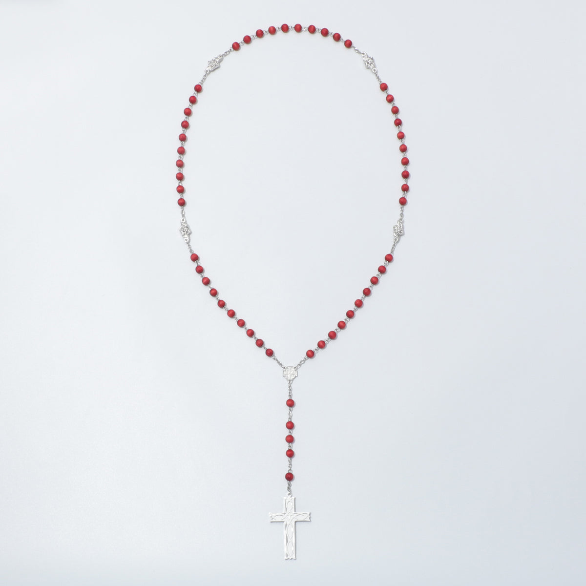Full red bead rosary with Jerusalem Cross centerpiece and Ichthus Cross