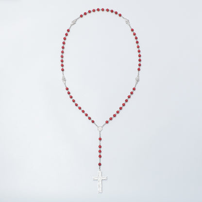Full red bead rosary with Jerusalem Cross centerpiece and Ichthus Cross