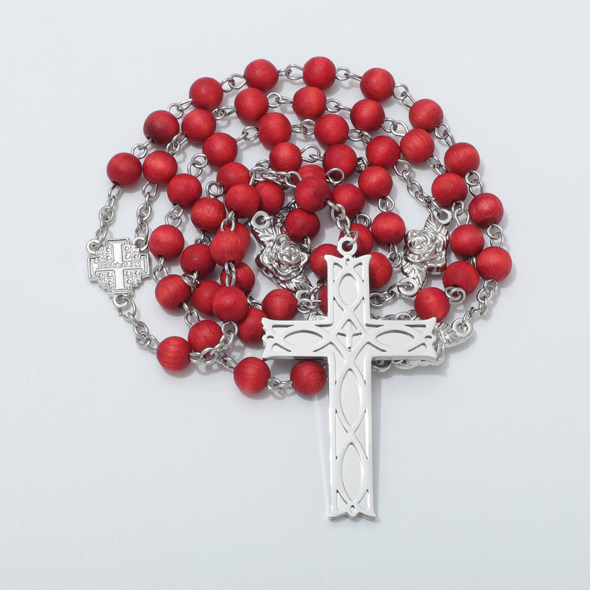 Coiled red bead rosary with rose connectors and Ichthus Cross