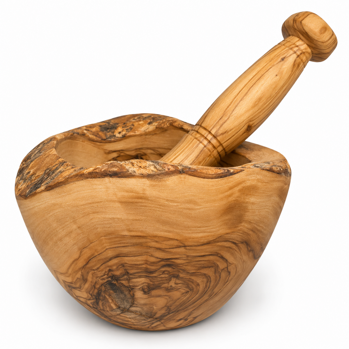 Front view of the olive wood mortar and pestle, showing golden wood and dark swirling grain.